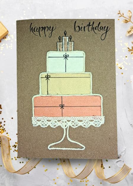 Handmade birthday card showcasing a cake design, displayed as part of a collection banner for birthday cards.