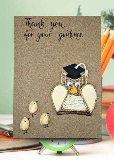 Graduation themed card with an owl thanking teachers for their guidance, showcased in the Handmade Cards for Teachers collection.