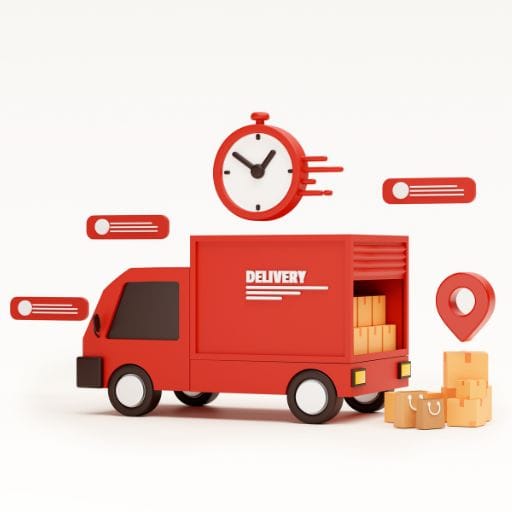 A red delivery truck with a clock and boxes, symbolising timely shipping for the Heart in Creation website.