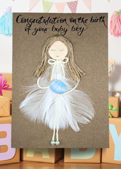 Banner image for the Handmade New Mum Cards category, featuring women made of white feathers who are expecting a new baby.