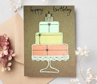 Handmade birthday card featuring a cake illustration, with a banner reading "Happy Birthday" for the bottom left corner.