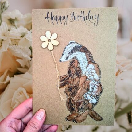 Badger Birthday Card - Beautiful and Eco-Friendly handmade greeting card made of the bark and wood keep in my hand.