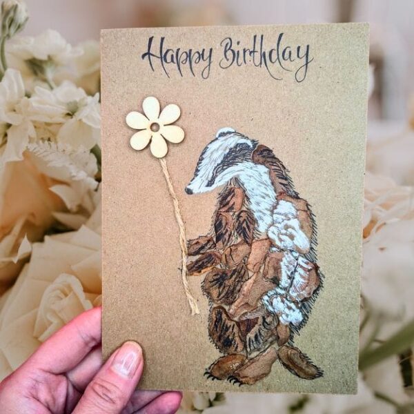 Badger Birthday Card - Beautiful and Eco-Friendly handmade greeting card made of the bark and wood keep in my hand.