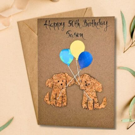 Beautiful Handmade Happy 50th Birthday made with natural cork and bright paper balloons, personalised rustic dog design on kraft paper, unique eco gift idea.