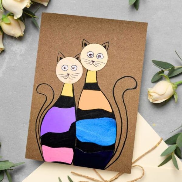 Handmade cat card featuring bright colourful cats artwork, perfect gift for cat lovers, UK handmade greeting card.