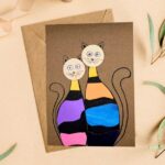 Cute handmade cat card with two colourful cats design on kraft background, unique greeting card for cat lovers UK.