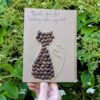 Handmade cat birthday card with coffee bean cat art on brown kraft paper, perfect eco-friendly gift for cat mums and animal lovers.