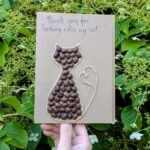 Handmade cat birthday card with coffee bean cat art on brown kraft paper, perfect eco-friendly gift for cat mums and animal lovers.