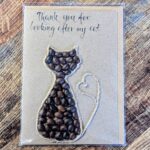 Handmade cat birthday card with textured coffee bean design and twine tail, minimalist natural paper card for her or him.