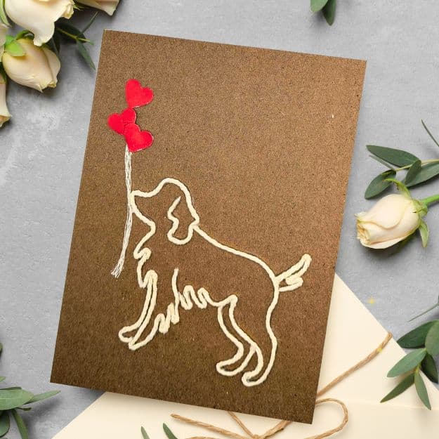 Handmade dog card with heart balloons – unique embroidered design for dog lovers, perfect greeting card gift.