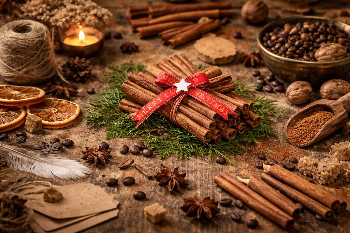 Cinnamon in handmade cards design shown through bundles of cinnamon sticks, coffee beans, dried citrus, and spices arranged on a rustic wooden table, evoking warmth, scent, texture, and natural craftsmanship.
