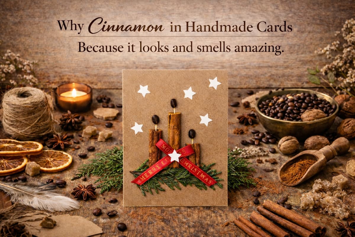 Cinnamon in Handmade Cards shown through a handmade Christmas card decorated with cinnamon sticks and coffee beans, placed on a rustic table surrounded by natural elements such as spices, dried citrus, cork, and feathers.