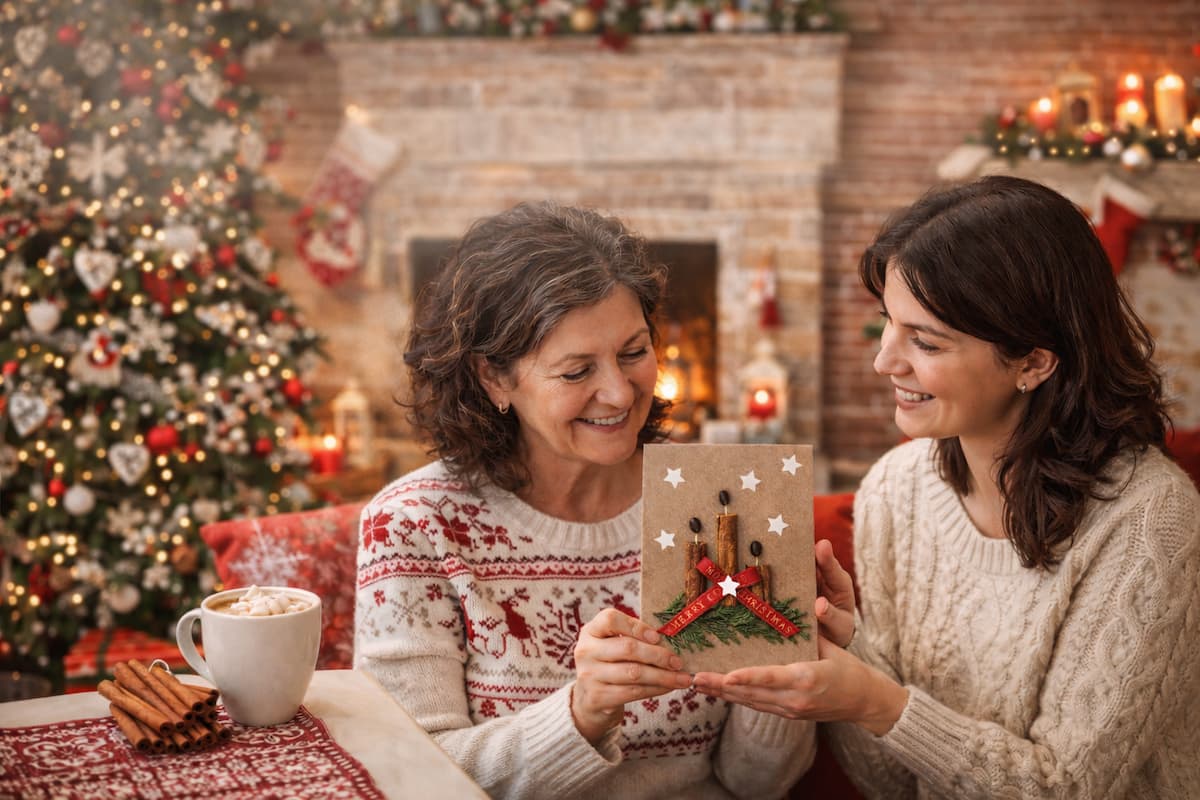 Cinnamon in Handmade Cards shown as a mother receives a handmade Christmas card from her adult daughter in a festive Polish-style living room, with steaming hot cocoa and cinnamon sticks on a coffee table.