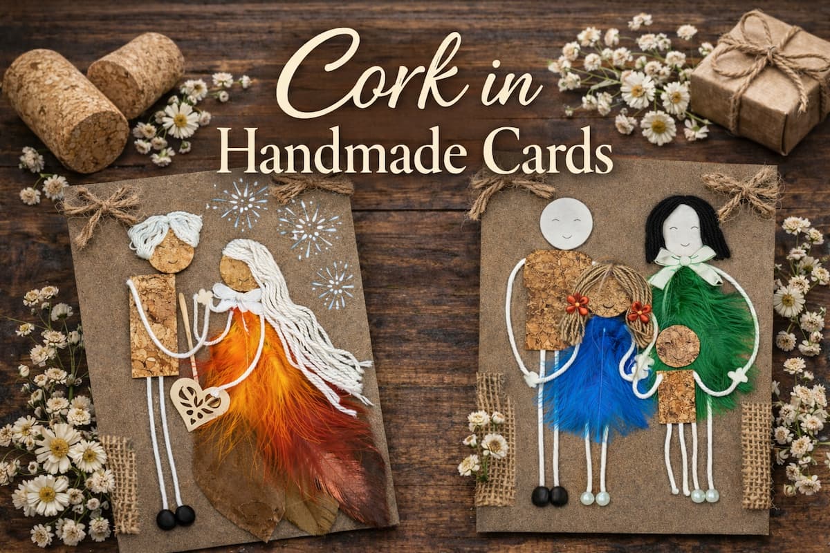 Cork in handmade cards shown through artisan greeting cards made with cork figures, natural feathers, and rustic textures