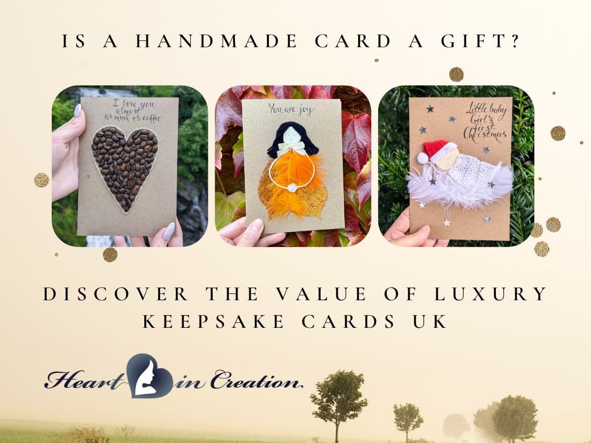 Three handmade luxury keepsake cards displayed against a nature backdrop, featuring unique designs like a coffee bean heart, a dried leaf figure, and a feathered baby’s first Christmas card by Heart in Creation.