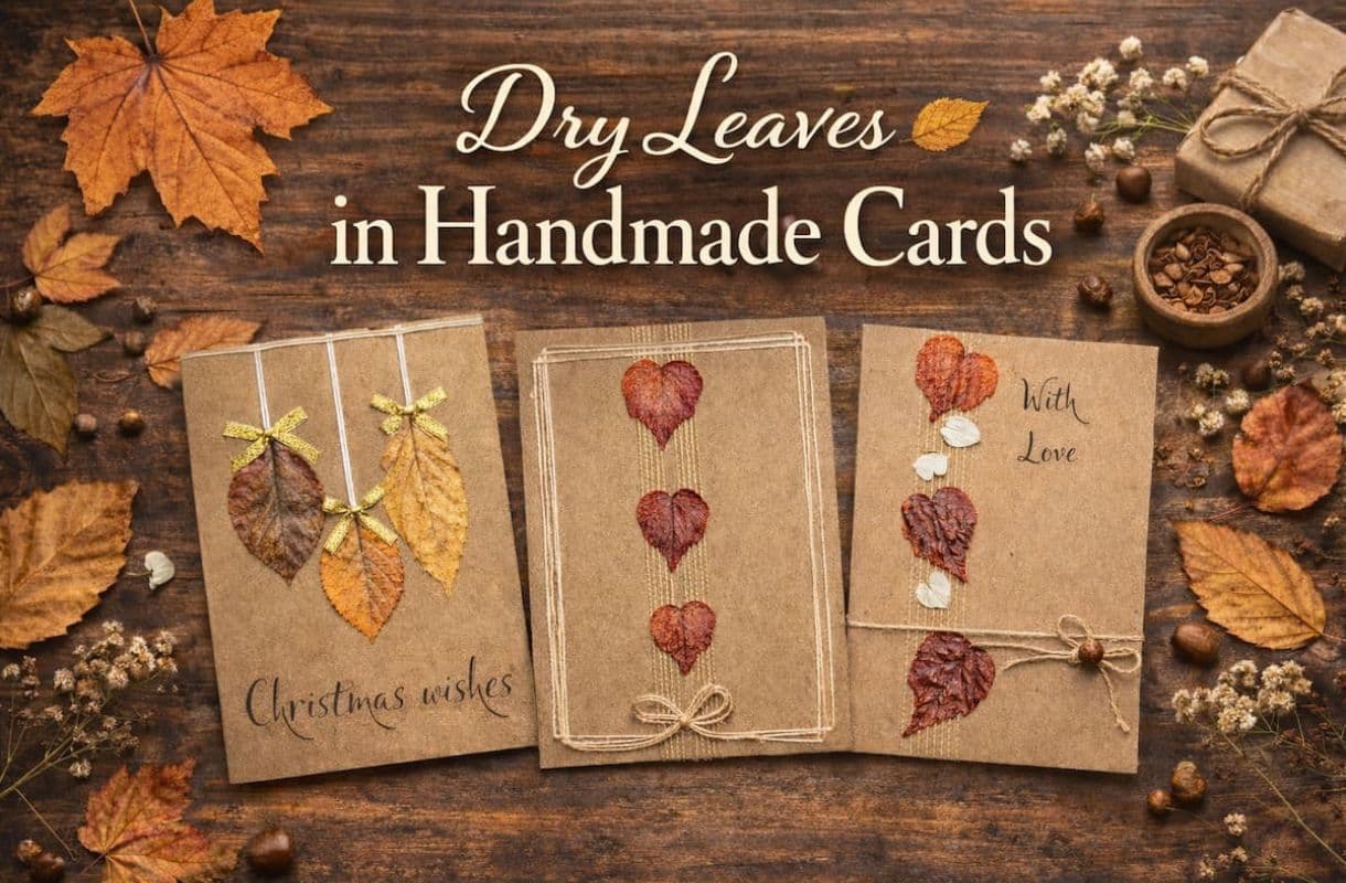 Dry leaves in handmade cards shown as a rustic banner with three handcrafted greeting cards decorated with natural dried leaves on a wooden background.