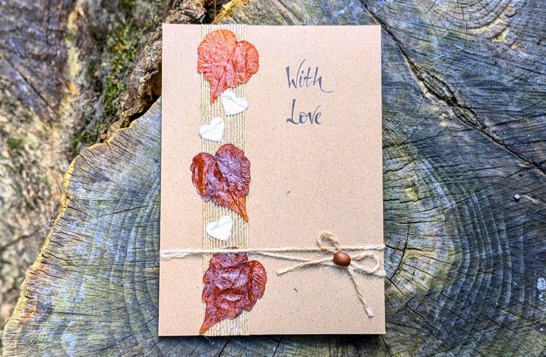Dry leaves in handmade cards shown as a rustic greeting card decorated with preserved autumn leaves, natural twine, and a handwritten “With Love” message.