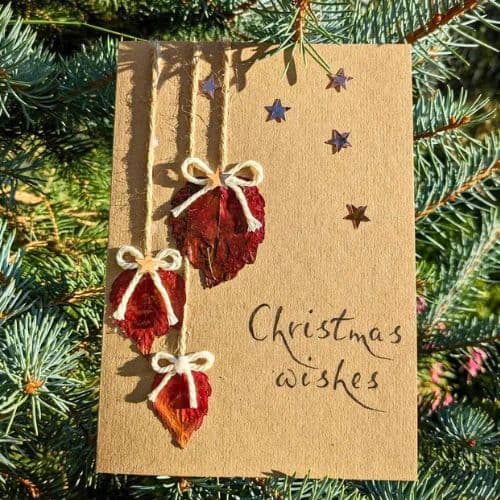 Dry leaves in handmade cards shown as a Christmas greeting card decorated with hanging red dried leaves, natural string bows, and handwritten festive text.