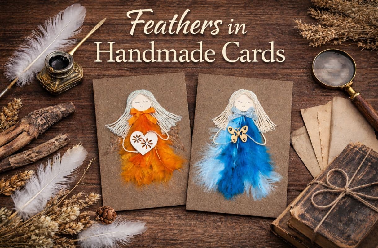 Feathers in handmade cards displayed on a rustic wooden background, showing three artisan greeting cards decorated with natural feathers, cork details, and delicate handmade angel figures.
