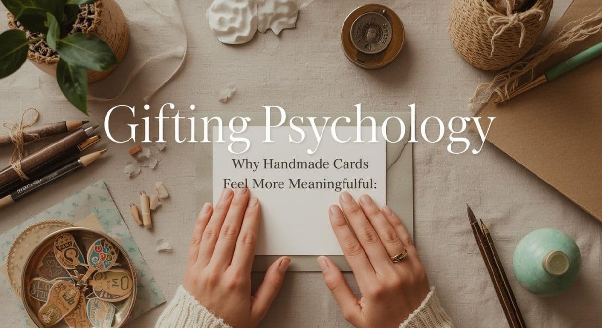 A flat lay banner featuring artisan hands pressing a bespoke greeting card on a neutral-toned desk surrounded by professional calligraphy tools and stamps, illustrating the Gifting Psychology behind meaningful, hand-crafted messages.