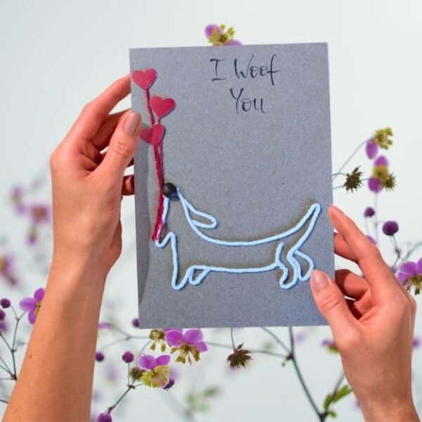 Handmade Dachshund Valentine’s Card 2 Handmade Dachshund Valentines Card showing the intricate hand-stitched embroidery thread detail and tactile 3D effect of the sausage dog design.