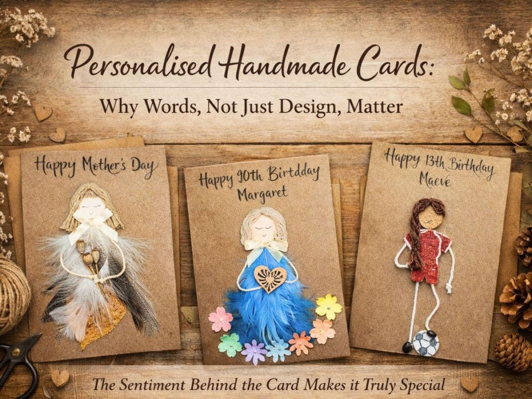 Rustic banner showing three Personalised Handmade Cards made from natural kraft card, decorated with handcrafted figures using yarn, feathers, wood, and fabric on a wooden background.