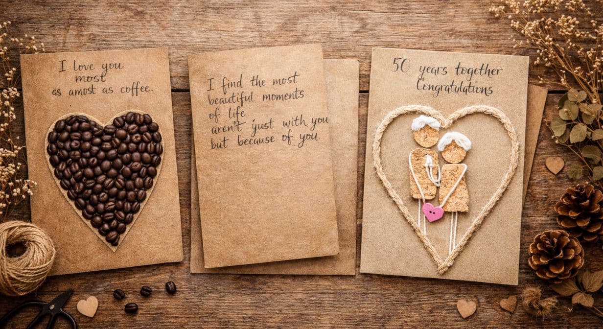 Rustic banner featuring three Personalised Handmade Cards crafted from kraft card, decorated with coffee beans, handwritten messages, and cork figures on a wooden background.