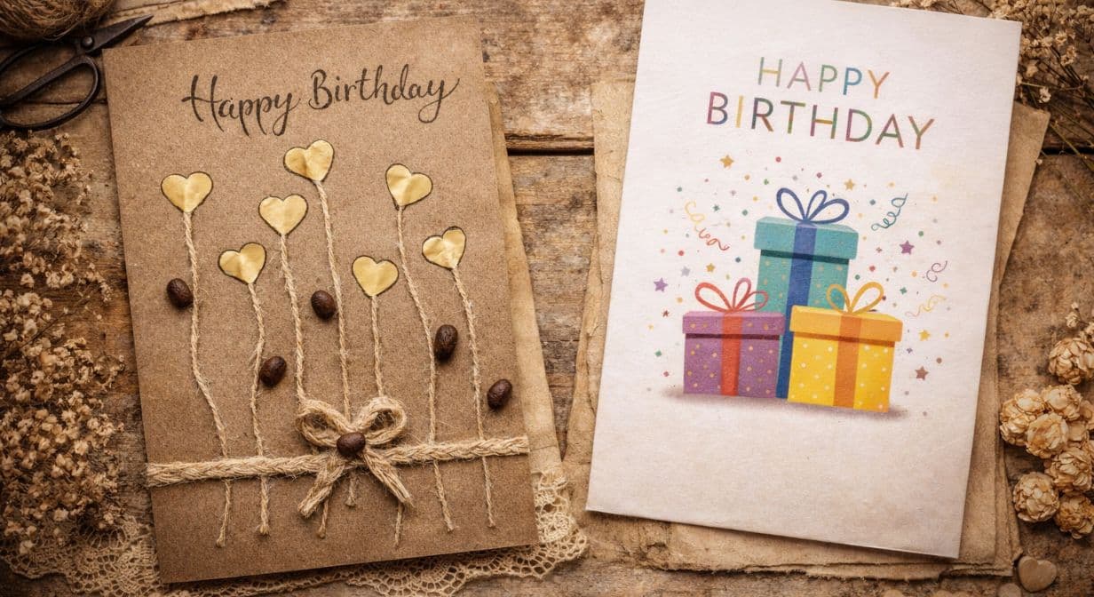 Side-by-side comparison of two birthday cards, showing a Personalised Handmade Card with handwritten calligraphy, twine, and natural details next to a printed birthday card with generic text and illustrations.