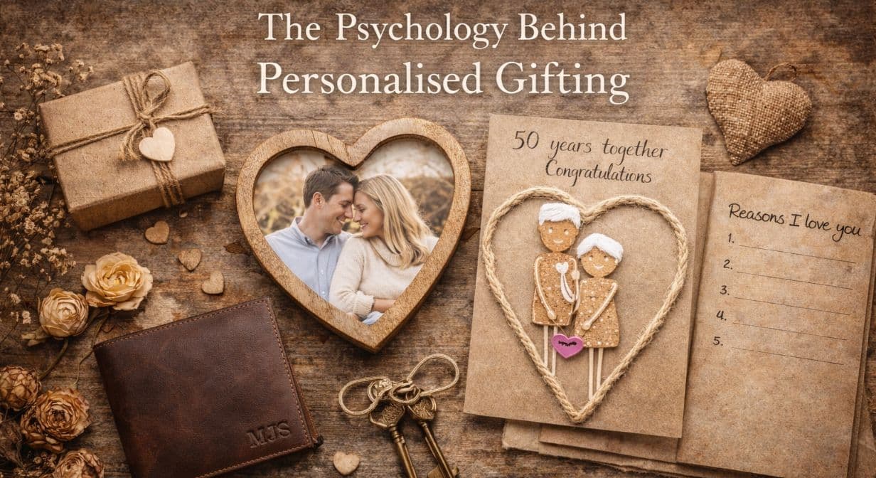 Vintage-style flat lay showing personalised gifts, including handwritten cards, a heart-shaped photo frame, and keepsakes arranged on a wooden surface to illustrate the emotional meaning behind personalised gifting.