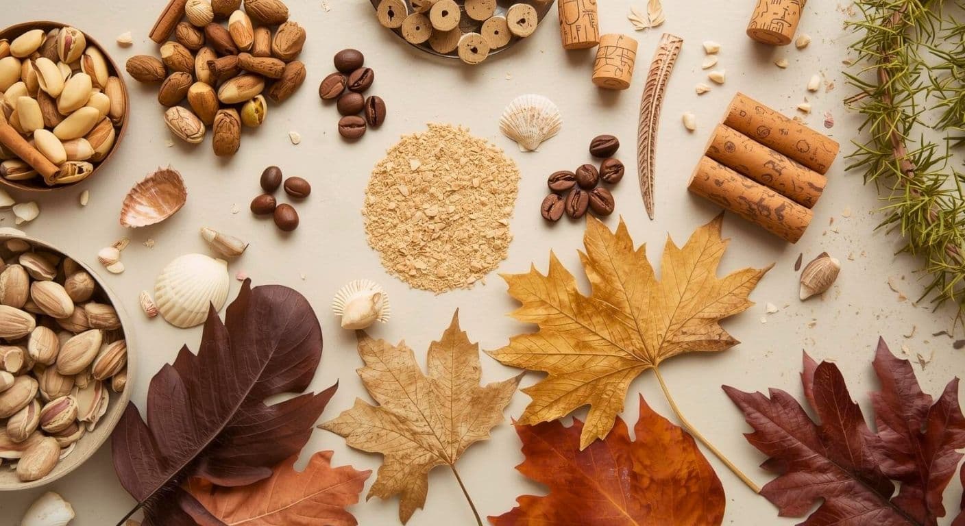 Flat lay of natural, eco-friendly crafting materials including autumn leaves, nuts, coffee beans, shells, and cork, highlighting the beauty and sustainability in handmade cards.