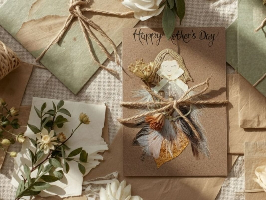 Flat lay of a "Happy Mother's Day" card featuring handmade calligraphy and a 3D figure with a feather dress, surrounded by dried flowers and twine, illustrating the beauty and sustainability in handmade cards.