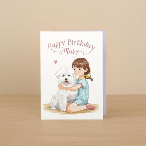 A mass-printed "Happy Birthday Mary" card with a digital illustration of a girl and dog, contrasting the lack of tactile depth with the heart found in the sustainability in handmade cards.