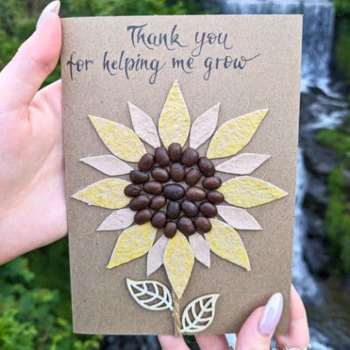 Types of greeting cards – handmade graduation card on kraft paper with sunflower design made from coffee beans and paper petals.