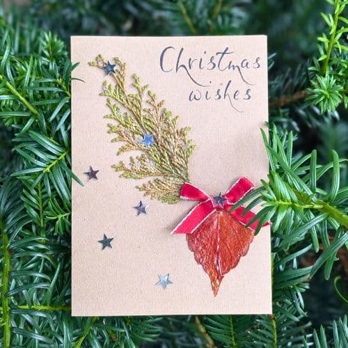Types of greeting cards – handmade Christmas card on kraft paper with natural foliage, dried leaf and festive ribbon.