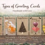 Types of greeting cards banner showing handmade birthday, anniversary, Christmas, Valentine’s and Easter cards on kraft paper, handcrafted by Heart in Creation, UK.