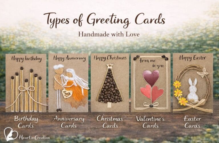 Types of greeting cards banner showing handmade birthday, anniversary, Christmas, Valentine’s and Easter cards on kraft paper, handcrafted by Heart in Creation, UK.