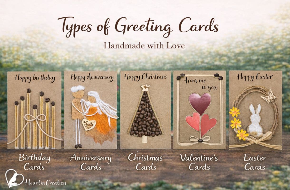 Types of greeting cards banner showing handmade birthday, anniversary, Christmas, Valentine’s and Easter cards on kraft paper, handcrafted by Heart in Creation, UK.