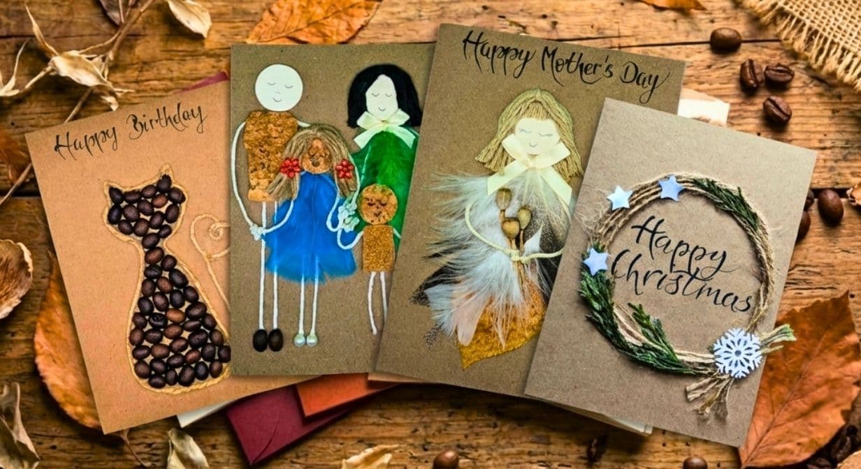 A wide banner showcasing a variety of artisan greeting cards—including a coffee bean cat, feathered figures, and a cedar wreath—with the overlay text asking, "What goes into the cost of a handmade card?"