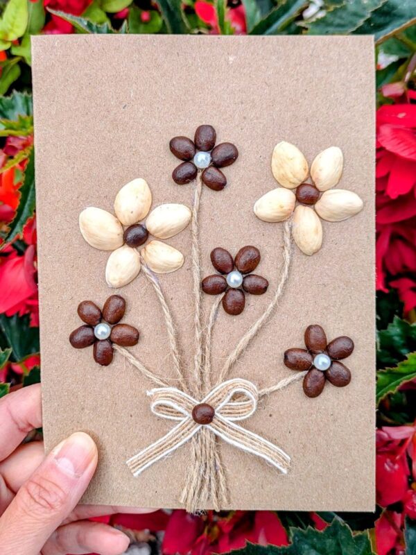 Personalised Valentine’s cards handmade with coffee bean flowers, natural twine and recycled kraft paper