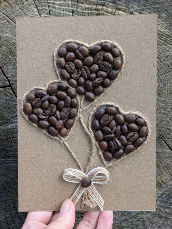 Personalised Valentine’s cards handmade with cute heart design made of coffee beans.
