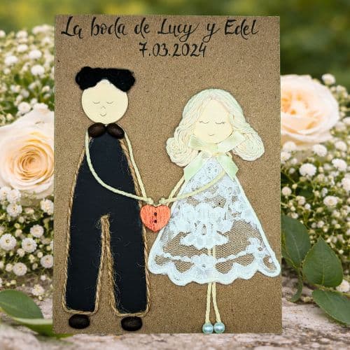 Types of greeting cards – handmade wedding card on kraft paper featuring a bride and groom with lace, twine and natural details.